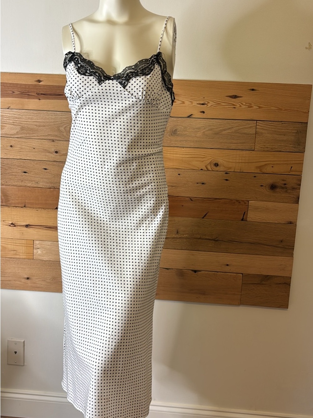 Classic Black & White Polka Dot Slip Dress with Lace Trim